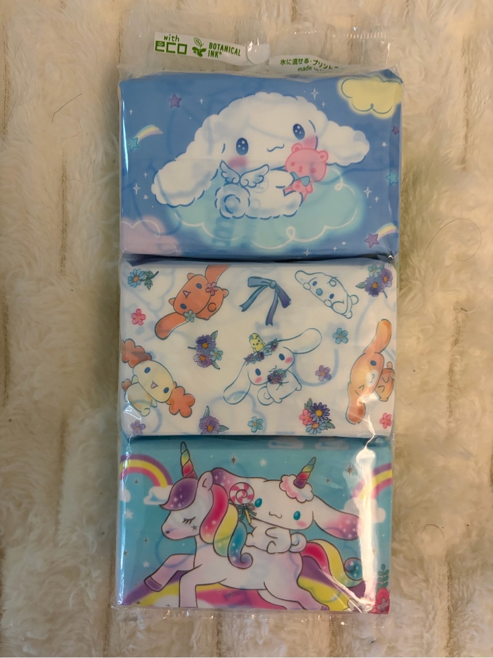 Sanrio cinnamoroll Face tissues 6 pack - Blue, White, Pastel Unicorn & Clouds